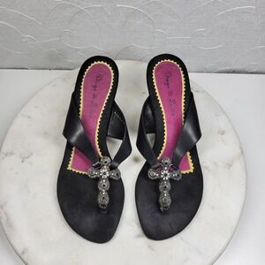 Diego di Lucca Cross Thong Wedge Sandals Size 7 Black Leather Rhinestones Y2K